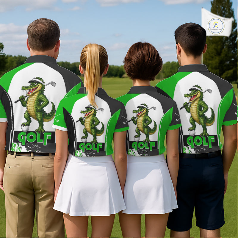 Golf team wearing matching Funny Alligator Golf Polo Shirts, personalized golf uniforms, wildlife mascot golf apparel, golf outing jerseys, Florida golf tournament clothing.