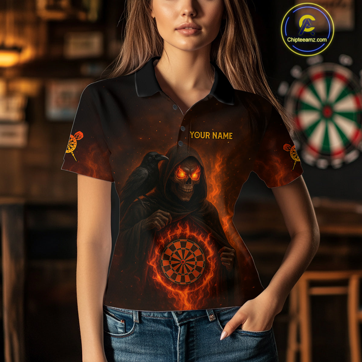 Custom Red Flames Raven Grim Reaper Dartboard Dart Polo Shirt For Women Dart Outfit Jersey NYN1452
