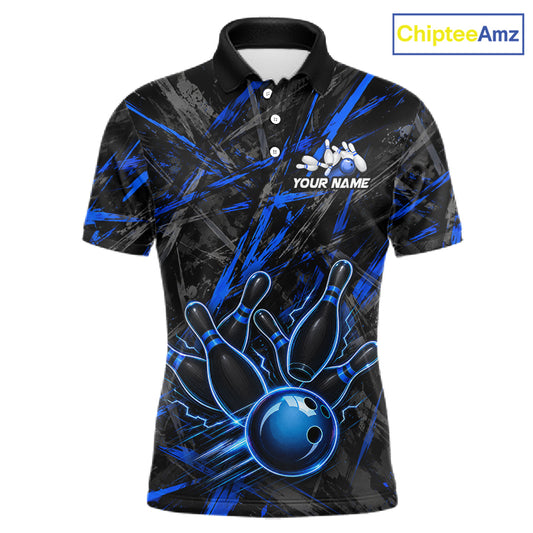 Black And Blue Strikes Grunge Bowling Polo & 1/4-Zip Shirt For Men Custom Thunder Bowling Team Jersey NYN3267