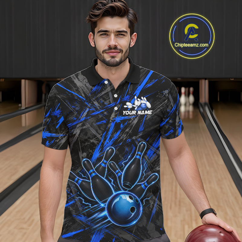 Black And Blue Strikes Grunge Bowling Polo & 1/4-Zip Shirt For Men Custom Thunder Bowling Team Jersey NYN3267