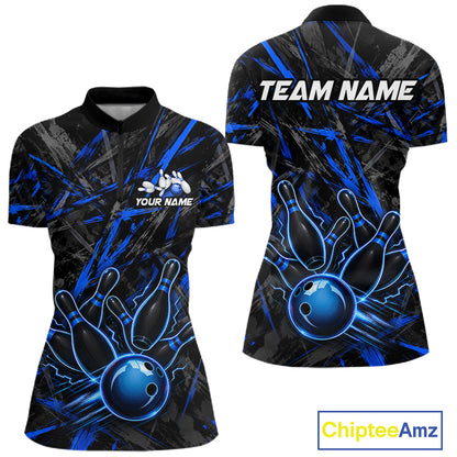 Black And Blue Strikes Grunge Bowling Polo & 1/4-Zip Shirt For Women Custom Thunder Bowling Team Jersey NYN3267