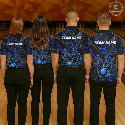 Black And Blue Strikes Grunge Bowling Polo & 1/4-Zip Shirt For Men Custom Thunder Bowling Team Jersey NYN3267