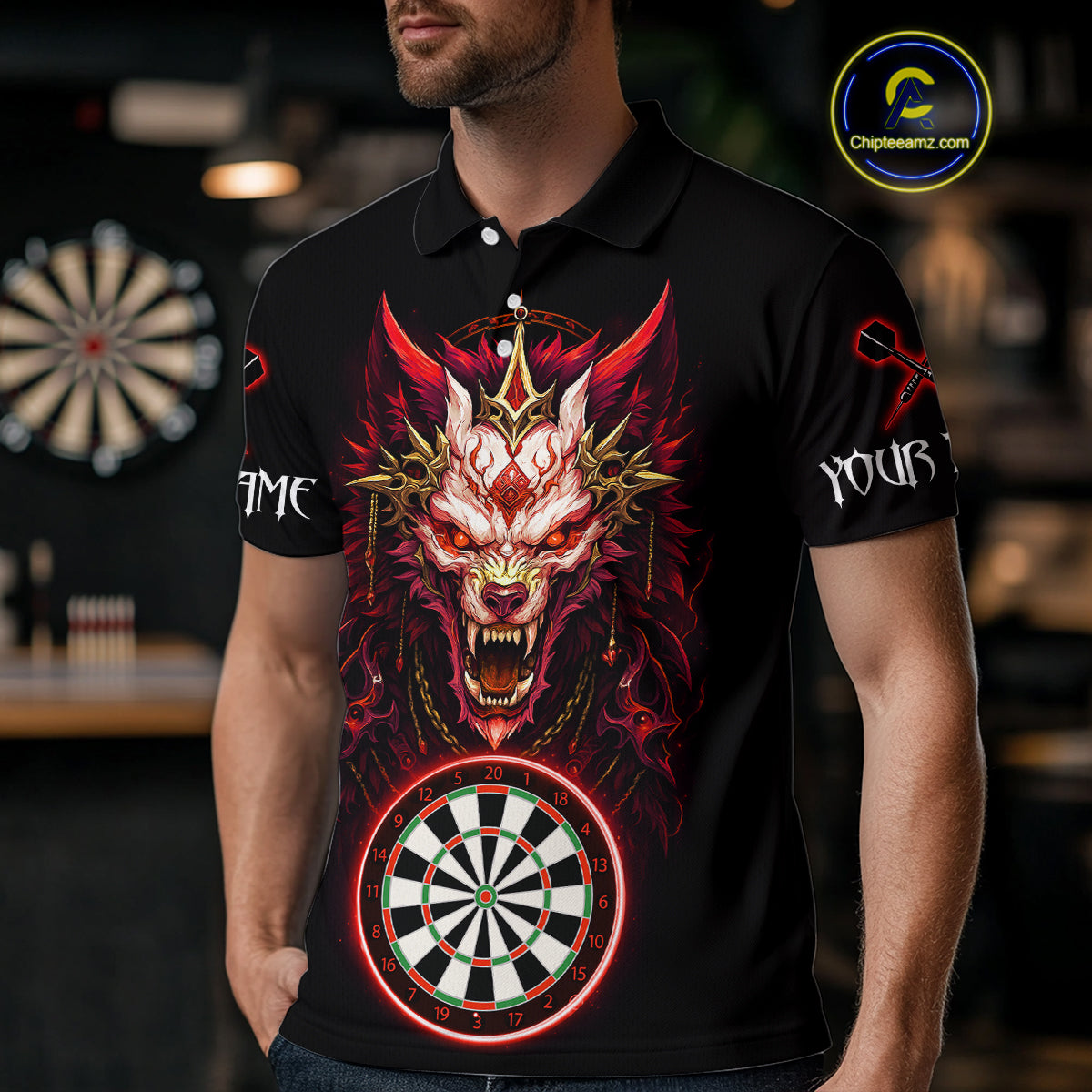 Red Vicious Wolf Ruler Dartboard Darts Shirt For Men - Custom Name & Team Jersey NYN0582