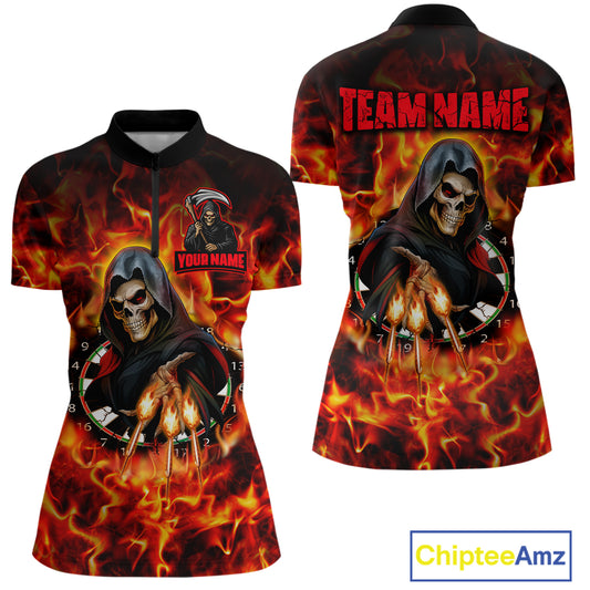 Grim Reaper Flaming Dartboard & Arrows Darts Shirt For Women - Custom Name & Team Jersey NYN0585