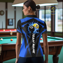 Load image into Gallery viewer, Male billiard player wearing Custom 8 Ball &amp; 9 Ball thunder billiard jersey, blue pool team shirt, professional billiards apparel