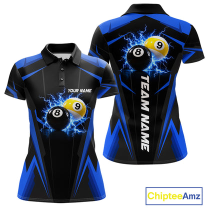 Custom 8 Ball & 9 Ball women billiard polo shirt, personalized thunder billiard team jersey, blue pool league shirt, custom pool player apparel, professional billiard uniform