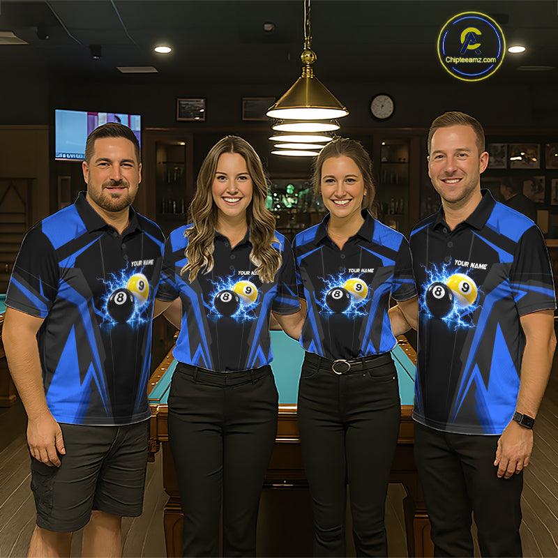 Men women billiard team wearing Custom 8 Ball & 9 Ball thunder pool jerseys, personalized billiard league uniforms, tournament team apparel
