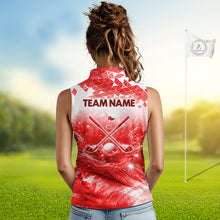 Load image into Gallery viewer, Female golfer wearing red water splash golf polo shirt, golf ball golf apparel, women's golf outfit