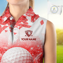 Load image into Gallery viewer, Female golfer wearing red water splash golf polo shirt, golf ball golf apparel, women's golf outfit