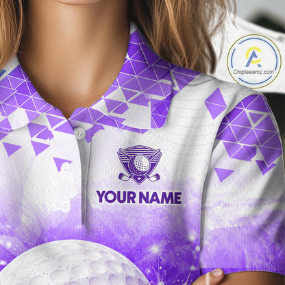 Purple Womens Golf Polo Shirt Custom Water Splash Pattern With Golf Ball, Team Golf Tops NYN3591