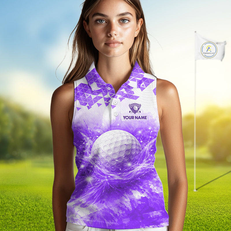 Female golfer wearing purple water splash golf polo shirt, women's golf clothing, custom golf apparel