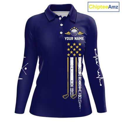Women's grunge US flag golf polo shirt, yellow and blue patriotic golf apparel, golf team uniform, American flag golf shirt