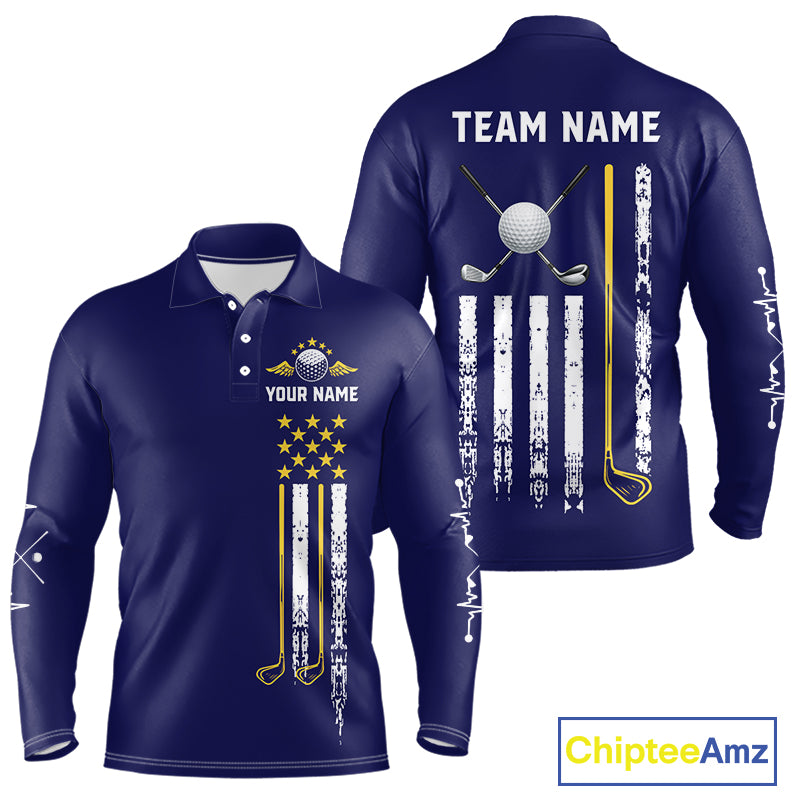Men's grunge US flag golf long sleeves polo shirt, yellow and blue patriotic golf apparel, golf team uniform, American flag golf shirt