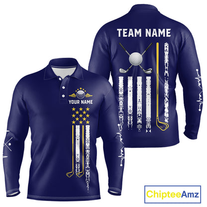 Men's grunge US flag golf long sleeves polo shirt, yellow and blue patriotic golf apparel, golf team uniform, American flag golf shirt