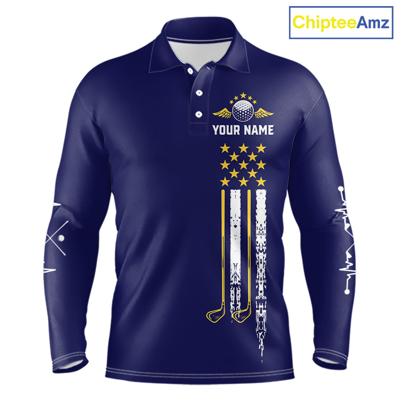 Men's grunge US flag golf long sleeves polo shirt, yellow and blue patriotic golf apparel, golf team uniform, American flag golf shirt