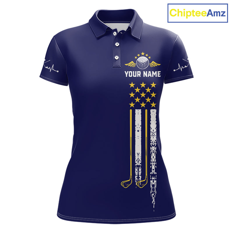 Women's grunge US flag golf polo shirt, yellow and blue patriotic golf apparel, golf team uniform, American flag golf shirt