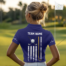 Load image into Gallery viewer, Female golfer wearing yellow blue grunge American flag golf polo shirt, patriotic golf clothing, golf tournament outfit