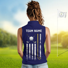 Load image into Gallery viewer, Female golfer wearing yellow blue grunge American flag golf polo shirt, patriotic golf clothing, golf tournament outfit