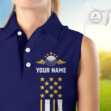 Load image into Gallery viewer, Female golfer wearing yellow blue grunge American flag golf polo shirt, patriotic golf clothing, golf tournament outfit