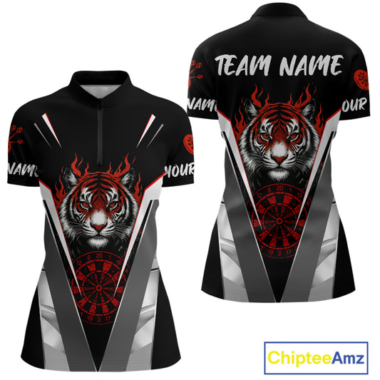 Custom Women's Dart Team Shirt With Roaring Tiger Dartboard - Silver & Black Jersey NYN0337