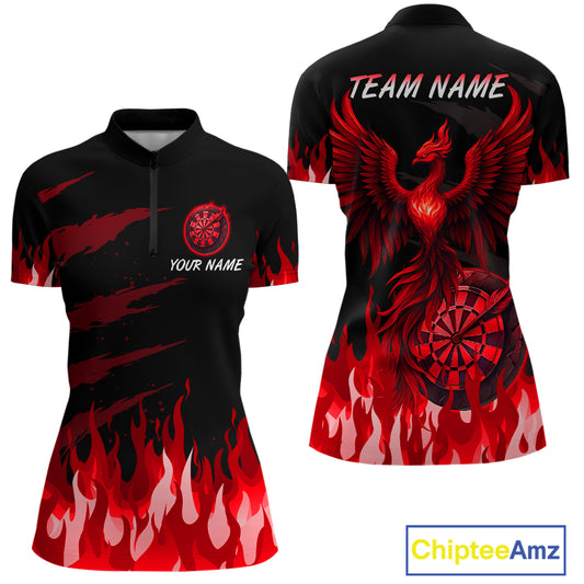 Women's Custom Darts Team Shirt With Maroon Phoenix Dartboard And Flame Pattern NYN0342