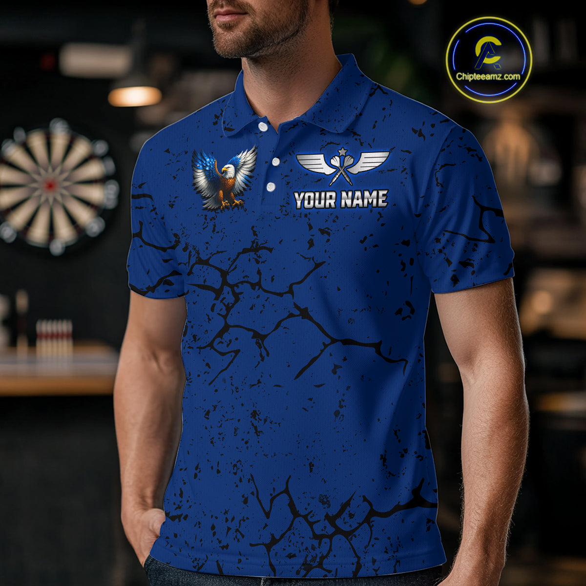 US Flag Eagle Dartboard Grunge Blue Darts Shirt For Men - Custom Name & Team Jersey NYN0609