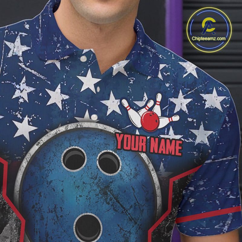 Grunge American Flag Bowling Polo & 1/4 Zip Shirts For Men Custom Patriotic Team Bowling Jerseys NYN3128