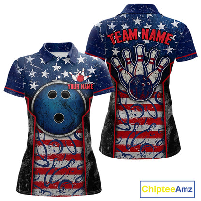 Grunge American Flag Bowling Polo & 1/4 Zip Shirts For Women Custom Patriotic Team Bowling Jerseys NYN3128