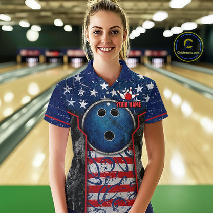 Grunge American Flag Bowling Polo & 1/4 Zip Shirts For Women Custom Patriotic Team Bowling Jerseys NYN3128