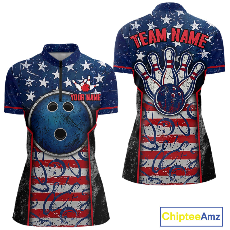 Grunge American Flag Bowling Polo & 1/4 Zip Shirts For Women Custom Patriotic Team Bowling Jerseys NYN3128