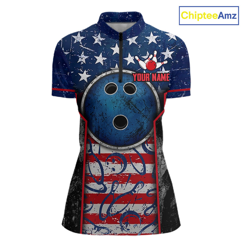 Grunge American Flag Bowling Polo & 1/4 Zip Shirts For Women Custom Patriotic Team Bowling Jerseys NYN3128