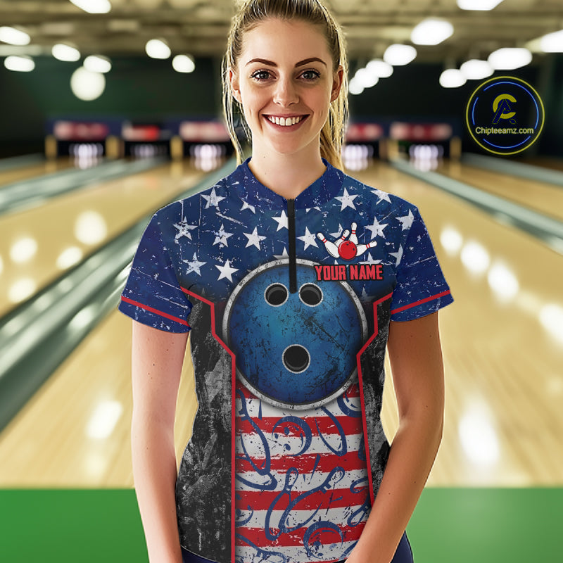 Grunge American Flag Bowling Polo & 1/4 Zip Shirts For Women Custom Patriotic Team Bowling Jerseys NYN3128