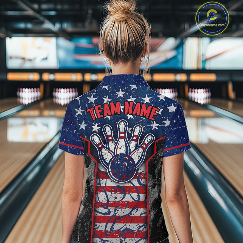 Grunge American Flag Bowling Polo & 1/4 Zip Shirts For Women Custom Patriotic Team Bowling Jerseys NYN3128