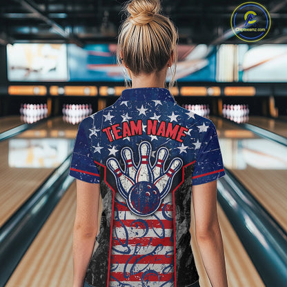 Grunge American Flag Bowling Polo & 1/4 Zip Shirts For Women Custom Patriotic Team Bowling Jerseys NYN3128