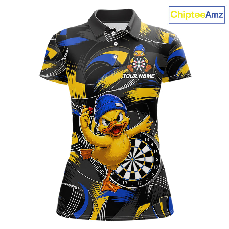 Blue and yellow brush funny duck women's darts polo shirt, custom dart team uniform, personalized dart name jersey, funny dart apparel, novelty darts clothing