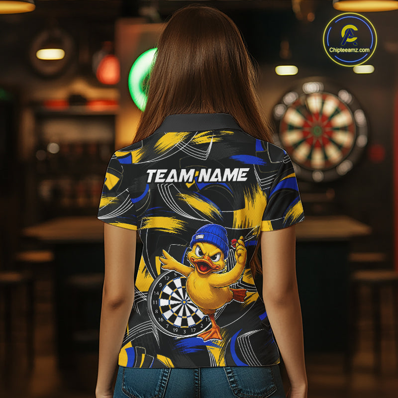 Female darts player wearing funny duck dart jersey, blue yellow brush dart shirt, personalized darts team uniform, fun darts apparel