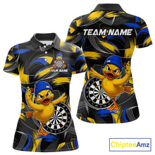 Load image into Gallery viewer, Blue and yellow brush funny duck women's darts polo shirt, custom dart team uniform, personalized dart name jersey, funny dart apparel, novelty darts clothing