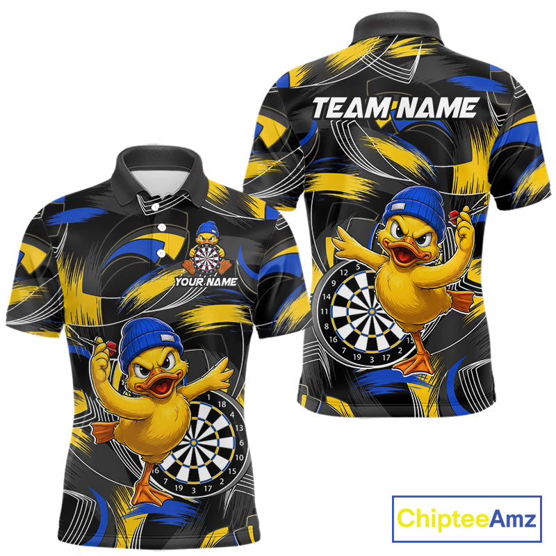 Blue and yellow brush funny duck men's darts polo shirt, custom dart team uniform, personalized dart name jersey, funny dart apparel, novelty darts clothing
