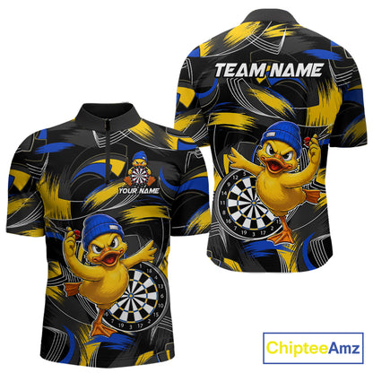 Blue and yellow brush funny duck men's quarter-zip dart shirt, custom darts team jersey, personalized dart player apparel