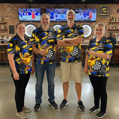 Men women darts team wearing matching funny duck dart jerseys, custom dart team shirts, novelty dart league uniforms