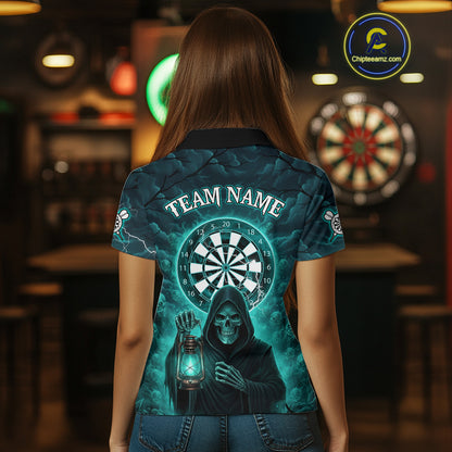 Teal Neon Grim Reaper Lightning Skull Darts League Shirt Custom Skull Women Darts Jersey NYN2036