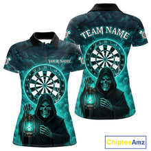 Load image into Gallery viewer, Teal Neon Grim Reaper Lightning Skull Darts League Shirt Custom Skull Women Darts Jersey NYN2036