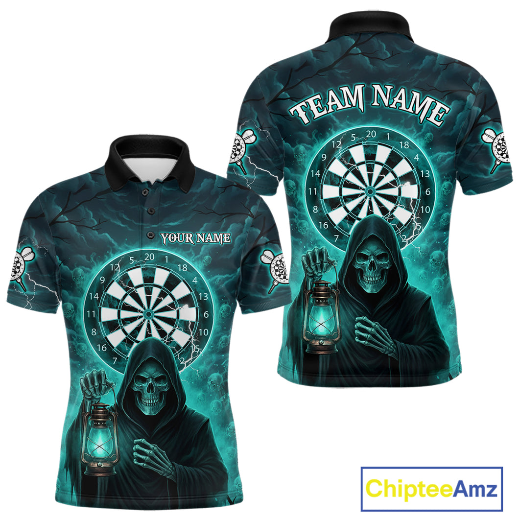Teal Neon Grim Reaper Lightning Skull Darts League Shirt Custom Skull Men Darts Jersey NYN2036