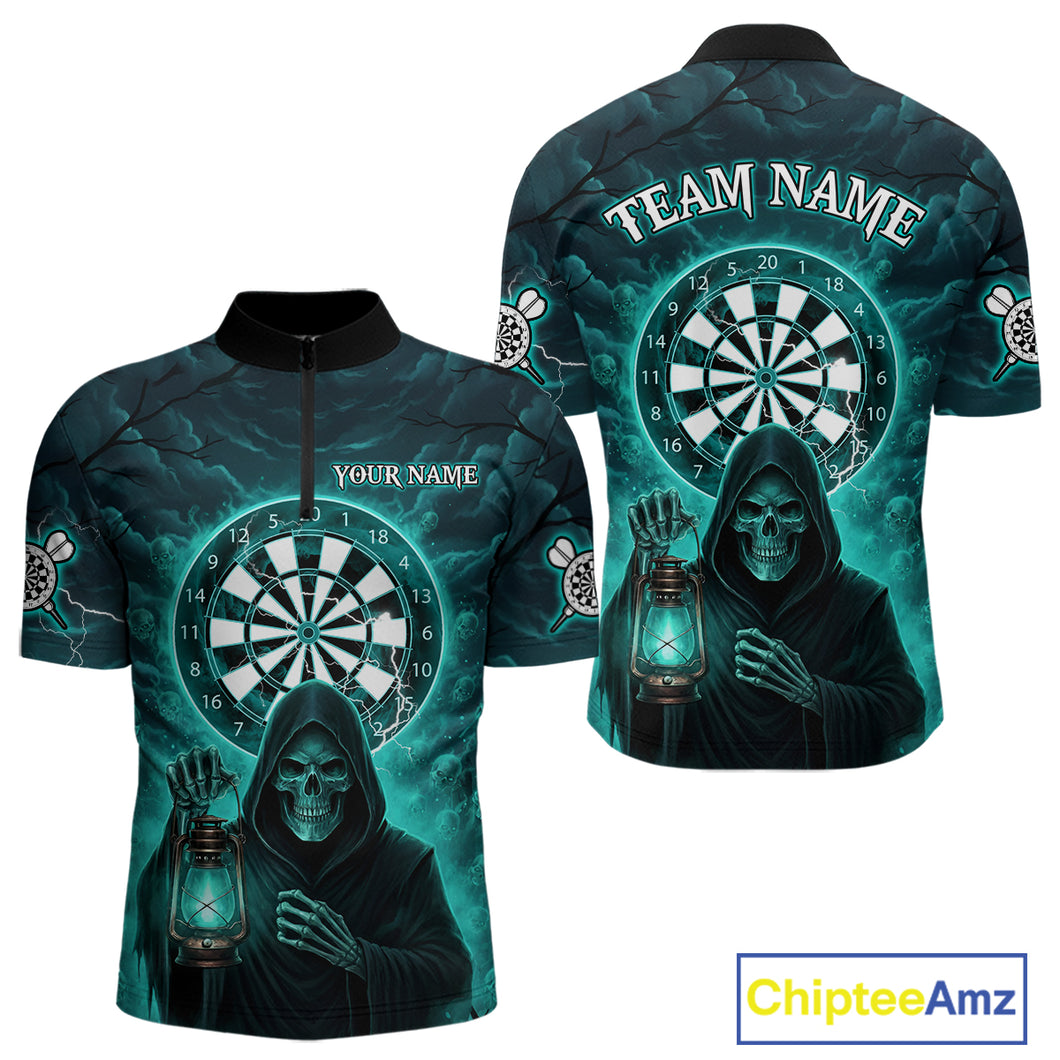 Teal Neon Grim Reaper Lightning Skull Darts League Shirt Custom Skull Men 1/4-Zip Darts Jersey NYN2036