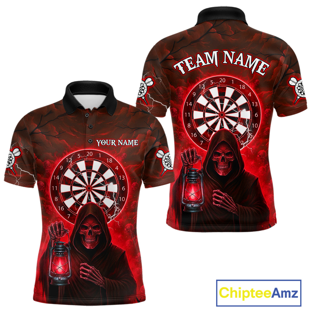 Red Neon Grim Reaper Lightning Skull Darts League Shirt Custom Skull Men Darts Jersey NYN2037