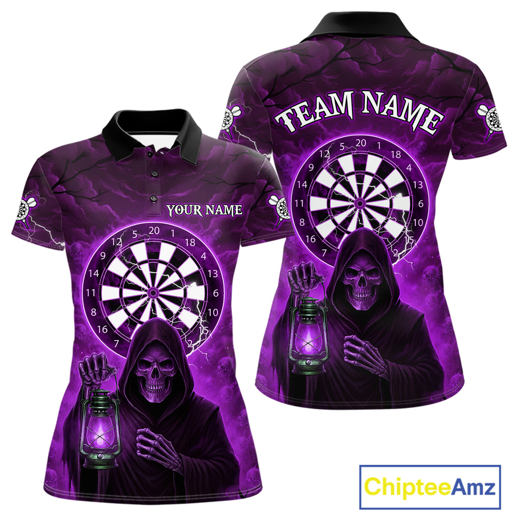 Purple Neon Grim Reaper Lightning Skull Darts League Shirt Custom Skull Women Darts Jersey NYN2038