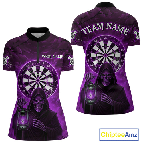 Purple Neon Grim Reaper Lightning Skull Darts League Shirt Custom Skull Women 1/4-Zip Darts Jersey NYN2038