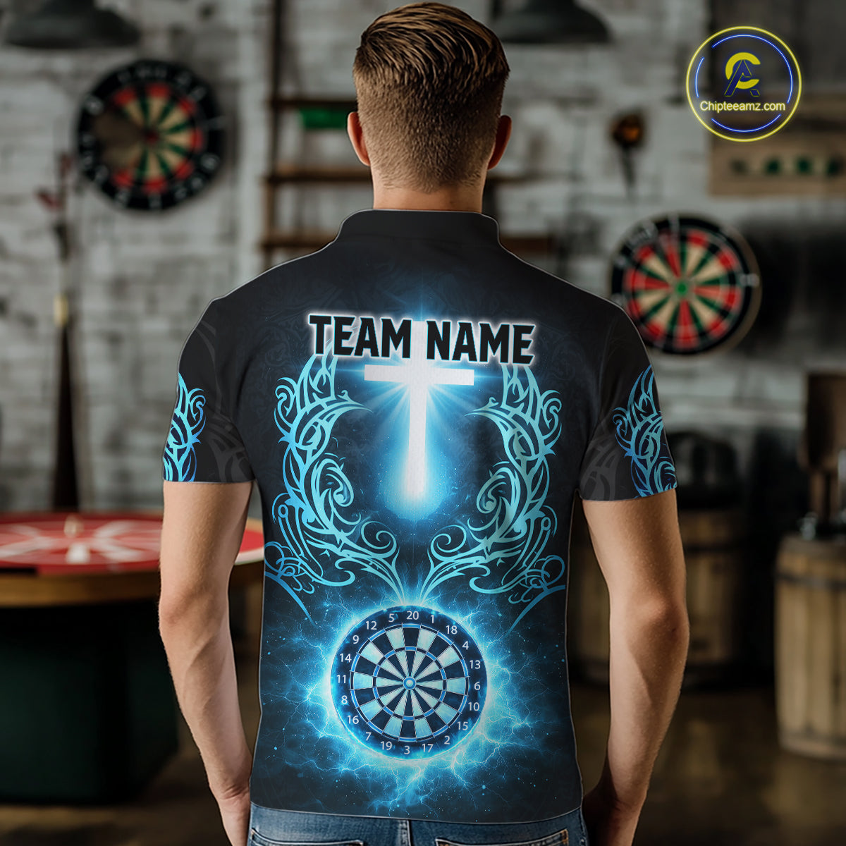Thunder Blue Dartboard Cross Men Darts Team Shirt Personalized Tribal Dart Polo Jerseys NYN2555