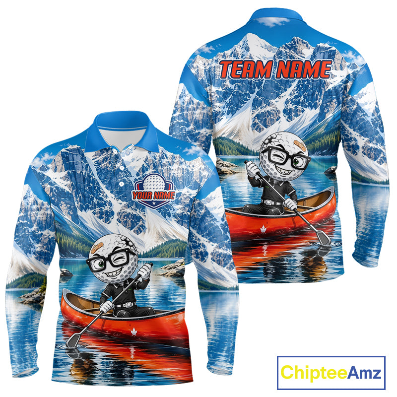 Long-sleeve shirt with mountain and kayak design, featuring 'Team Name'