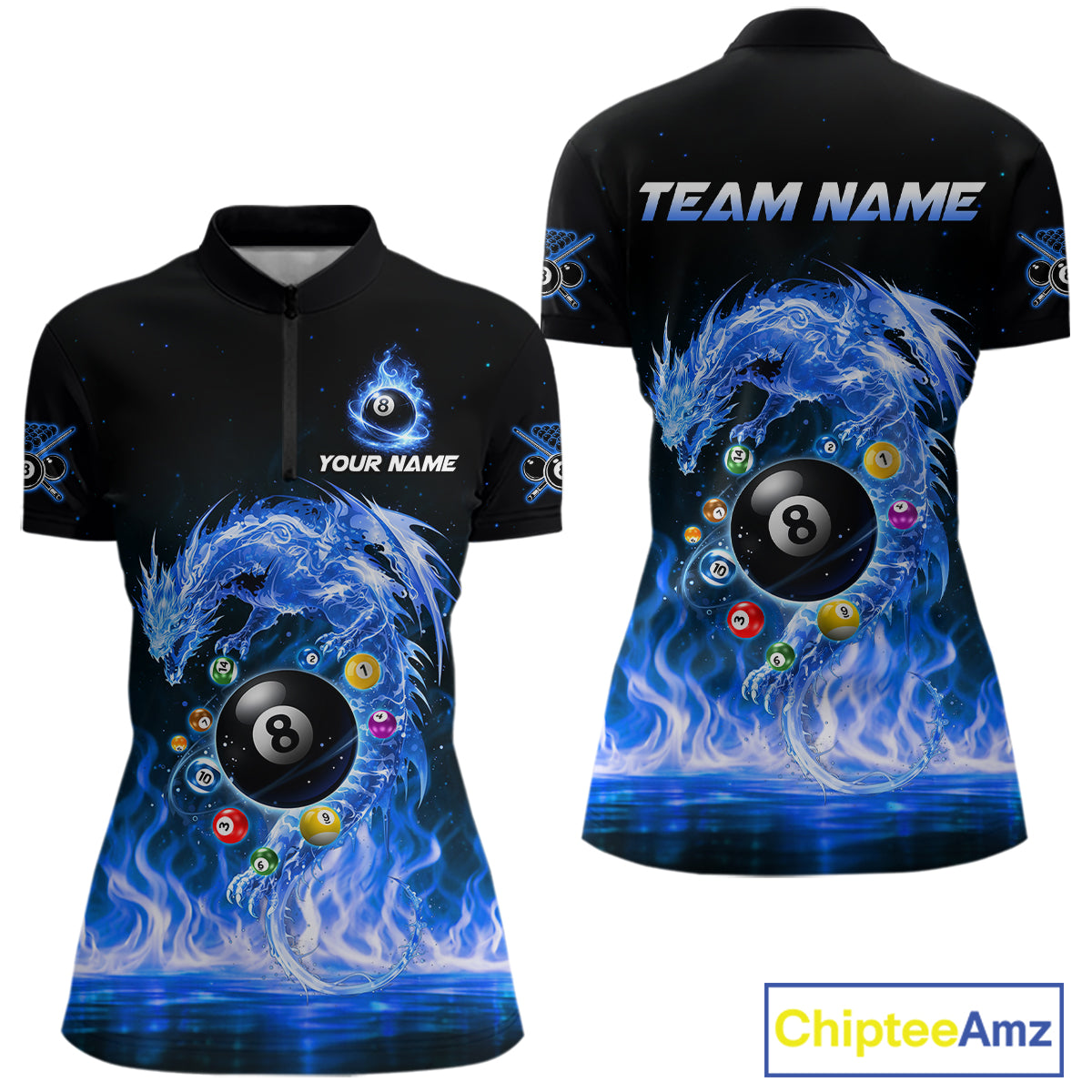 Fire Flame Dragon Pool 8 Ball Women's Billiard Shirt Custom Billiard Team League Attire|Blue NYN2557